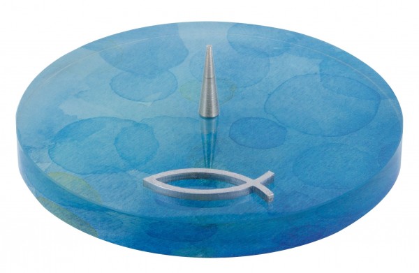 Symbolleuchter Glas blau marmoriert mit Edelstahl-Fisch