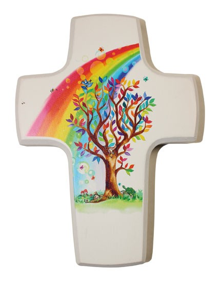 Kinderkreuz aus Buchenholz, weiß lackiert - Lebensbaum